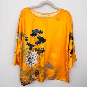 Soft Surroundings Womens Satin Top Blouse Size L Kimono Style Tahitian Floral